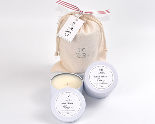 Pink Bouquet - Gardenia Blossom and White Linen Breeze Travel Candle Pouch Gift Set
